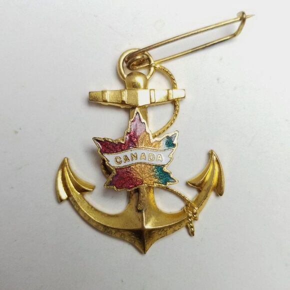 Vintage Canada Anchor and Mapel Leaf Pendant or Brooch, Gold Tone and Enamel - Picture 2 of 6
